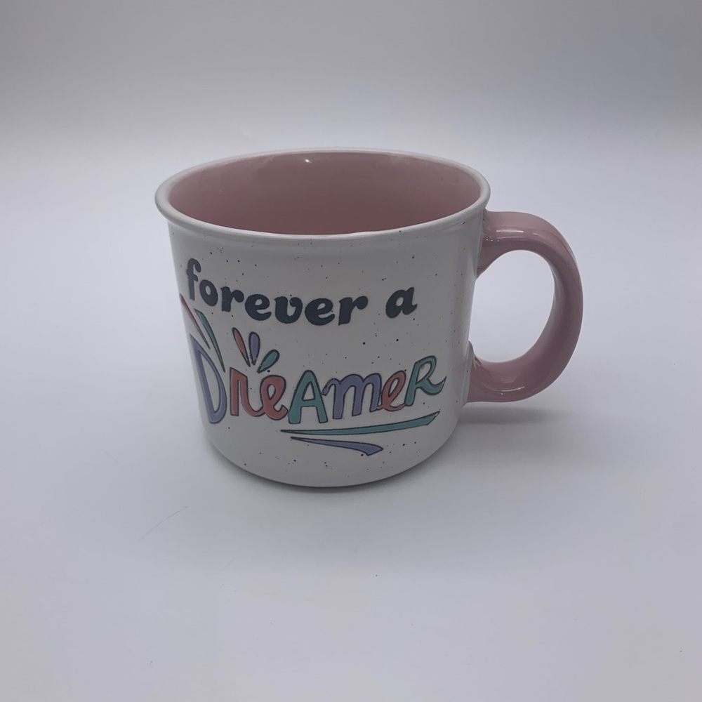 Good Day 16 Oz White & Speckled Coffee Mug “FOREVER A DREAMER “ Pink Inferior - Picture 1 of 8